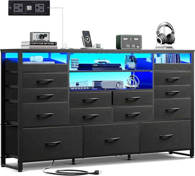 WLIVE Black TV Stand for 55, 60, 65 inch TV, Entertainment Center with LED Lights & Charging Station, TV Media Console Table with 15 Fabric Drawers and Open Shelves for Living Room, Hallway, Wood Topm