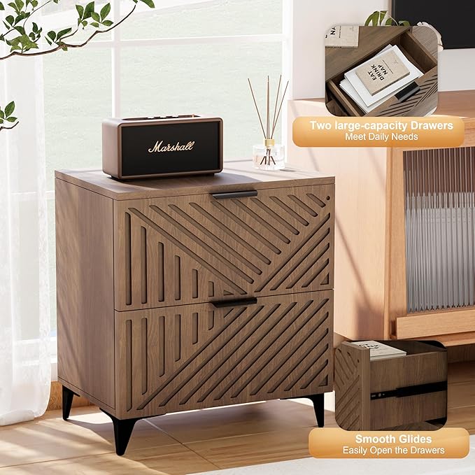 Royal Windsor Small Fluted Nightstand Set of 2 with 2 Drawers, Side End Table, Small Accent Storage Cabinet,Modern Night Stand Bedside Table for Bedroom Full Size Bed, Brown