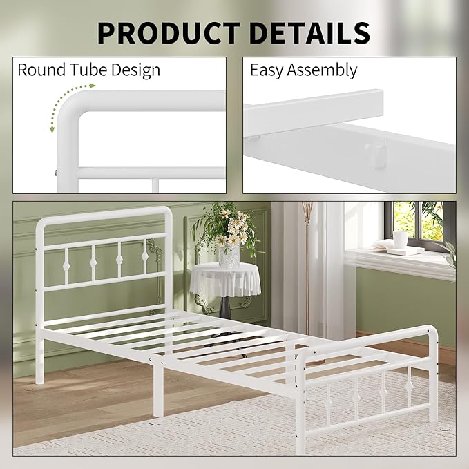 12 Inch Twin Bed Frames with Headboard and Footboard, Heavy Duty Twin Metal Mattress Foundation No Box Spring Needed, Noise Free, Easy Assembly, White