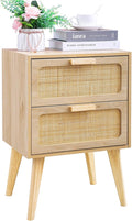 Rattan Nightstand,Boho Bedside with Storage,End Table,Side Table with 2 Hand Made Rattan Decorated Drawers for Small Space,Livingroom,Bedroom,Natural 11.8" D x 16" W x 22.4" H CTG59Y