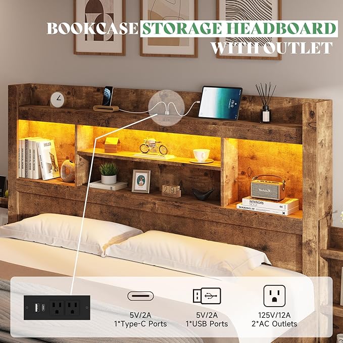 AMERLIFE Full Bed Frame with 4 Storage Drawer, LED Bed Frame with 49.6" Tall Bookcase Headboard, Wood Platform Bed with Charging Station & 2 Slide Bedside Shelf, No Box Spring Needed/Rustic Brown