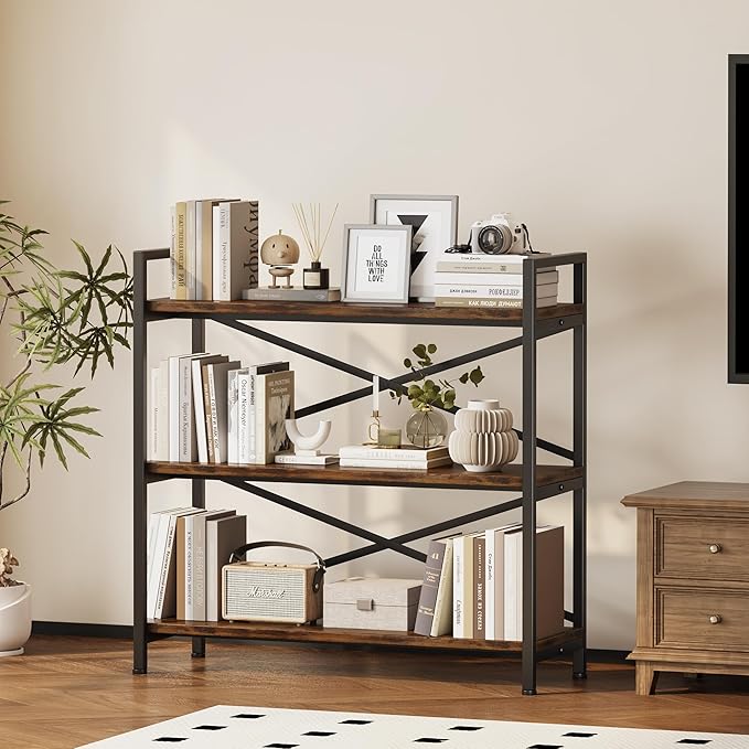 3 Tier Bookshelf 31.49" Width, Wood and Metal Etagere Bookcase, Vintage Farmhouse Modern Wooden Big Book Shelf for Home Living Room Bedroom Office Storage(Rustic Brown)