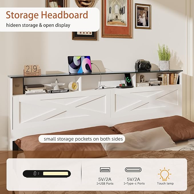 King Size Bed Frame with Wooden Storage Headboard, Farmhouse Platform Bedframe with LED Lights and Charging Station, Easy Assembly, No Box Spring Needed (White, King)