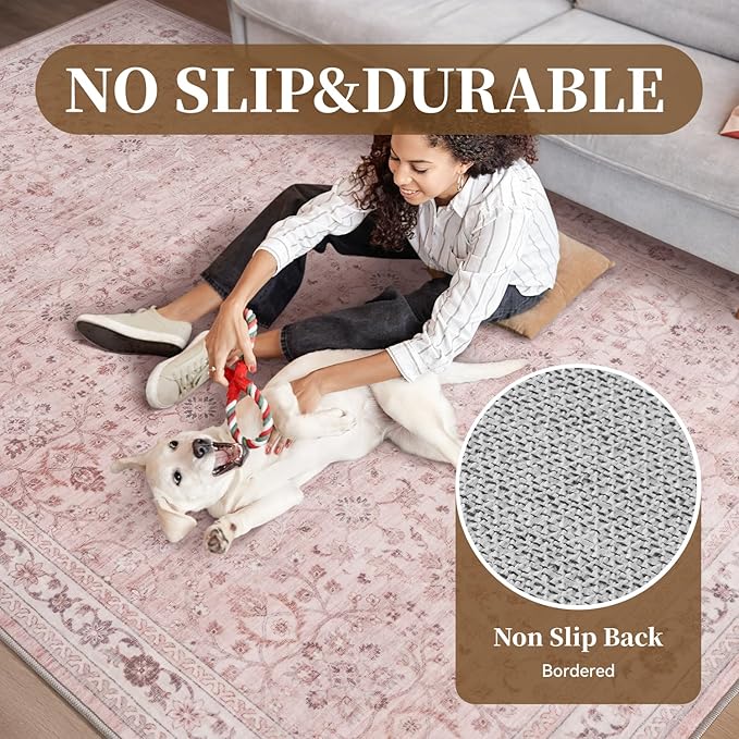 MontVoo-Vintage Area Rug 5X7 Pink Rugs for Living Room-Soft Distressed Printed Rugs for Bedroom-Non Slip Carpet-Machine Washable Rug for Dining Room Living Room Bedside Office