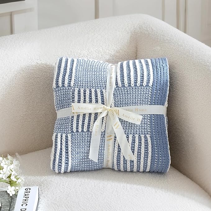 Amélie Home Checkered Knit Throw Blanket for Couch, Chenille Texture Decorative Soft Blanket for Sofa & Chair, 50"x60", Blue & White