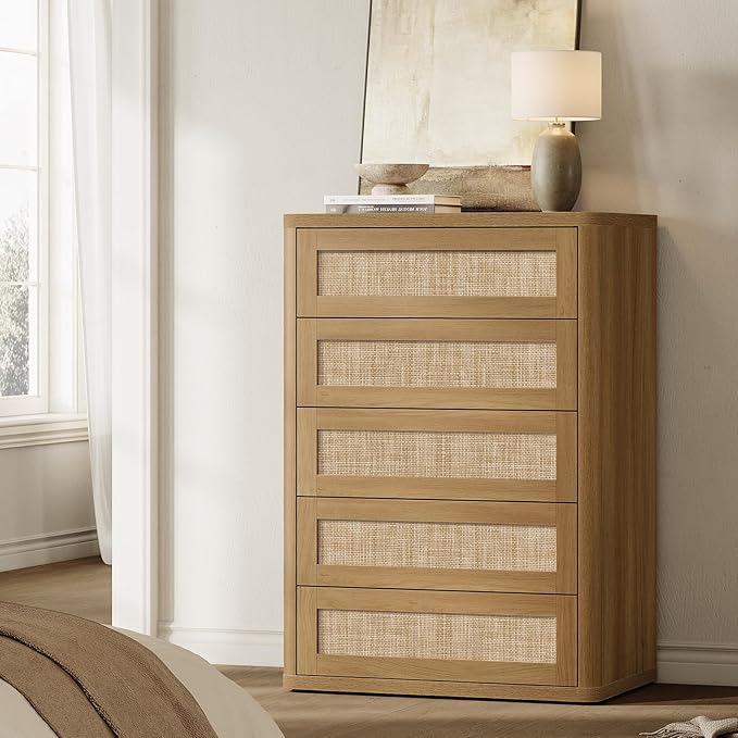 SICOTAS Tall Dresser for Bedroom - Rattan 5 Drawer Dressers Chest of Drawers with Push-to-Open Design, Modern Extra Deep Clothes Dresser with Large Storage for Closet, Living Room, Amber Oak
