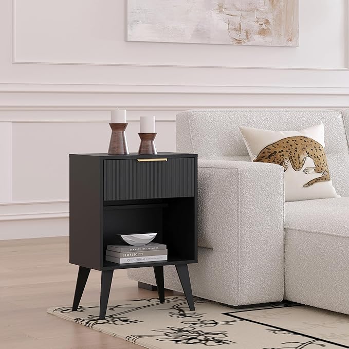 Fluted Night Stand with Opening Storage,Mid Century Bedside Table with Drawer,Black Nightstand with Wood Legs,End Table Side Table for Living Room,Bedroom,11.8" Dx15.7 Wx 25.2" H CTG56BK