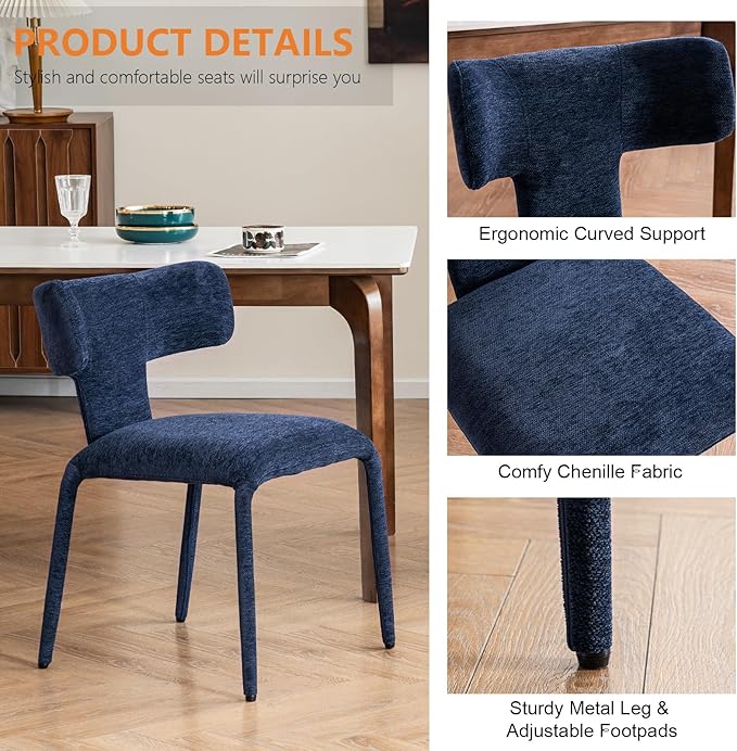 Kidol & Shellder Dining Chairs Set of 2,Modern Upholstered Fabric Dining Room Chairs with Curved Barrel Back,Armless Kitchen Chairs with Metal Legs and Padded Seat for Living Room and Bedroom Blue