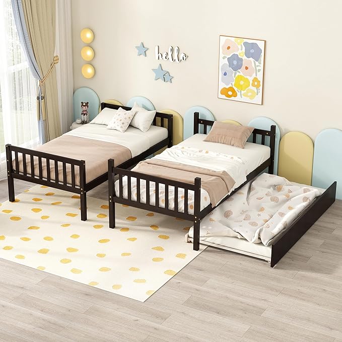 Bellemave Twin Over Twin Bunk Bed with Trundle,Convertible Bunk Beds with Ladder & Safety Guardrails,Twin Size Bunk Beds for Kids Girls Boys,Espresso