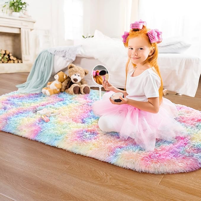 Noahas Fluffy Rainbow Rugs for Bedroom Girls,2'X5' Oval Throw Rug for Kids Room,Shag Hallway Runner Rug,Small Soft Shaggy Bedside Non-Slip Plush Nursery Dorm Carpet Home Decor