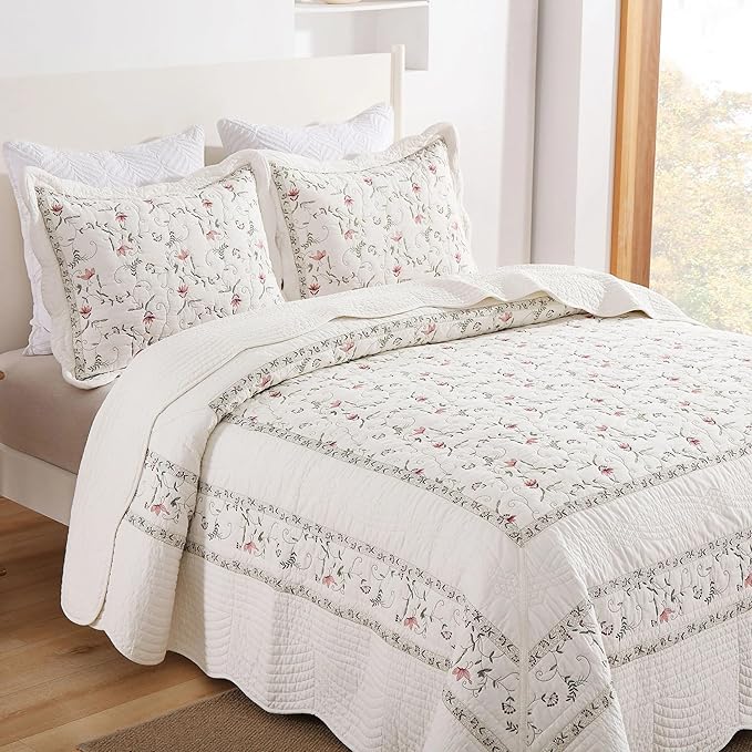 MarCielo 3-Piece 100% Cotton Oversized Bedspread Lightweight Quilt Coverlet Embroidery Farmhouse Bedding Set(TC Soft White,Oversized King (118"x106"))