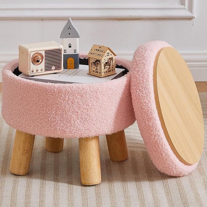 FIMIVIBI Small Foot Stool Ottoman with Storage, Sherpa Ottoman Foot Rest for Couch, Round Footstool with Storage, Small Ottomans and Footstools for Living Room and Entryway (Pink)