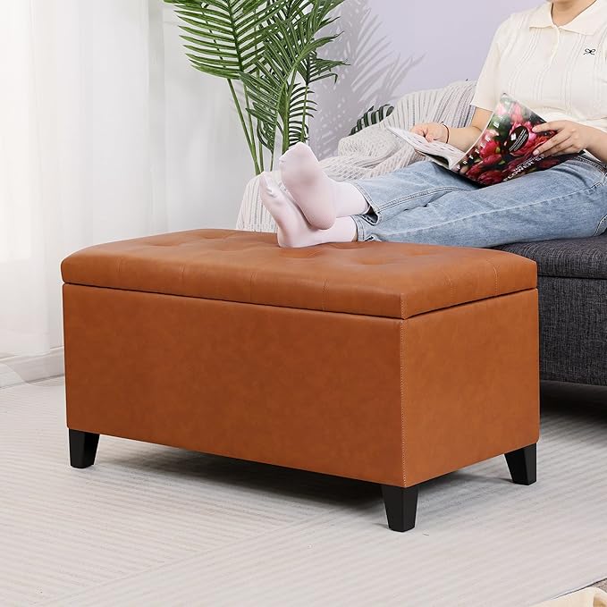 Asense Storage Ottoman Bench, Faux Leather Upholstered End of Bed Bench with Safety Hinge Wooden Legs, for Entryway Bedroom
