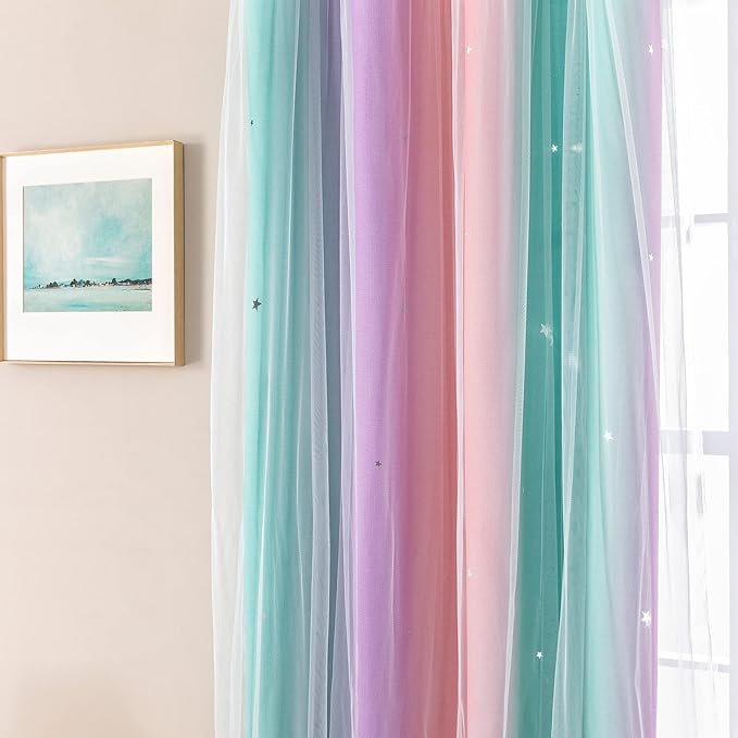 XiDi Curtains for Bedroom Decor, Rainbow PinkPuGreen-34-96