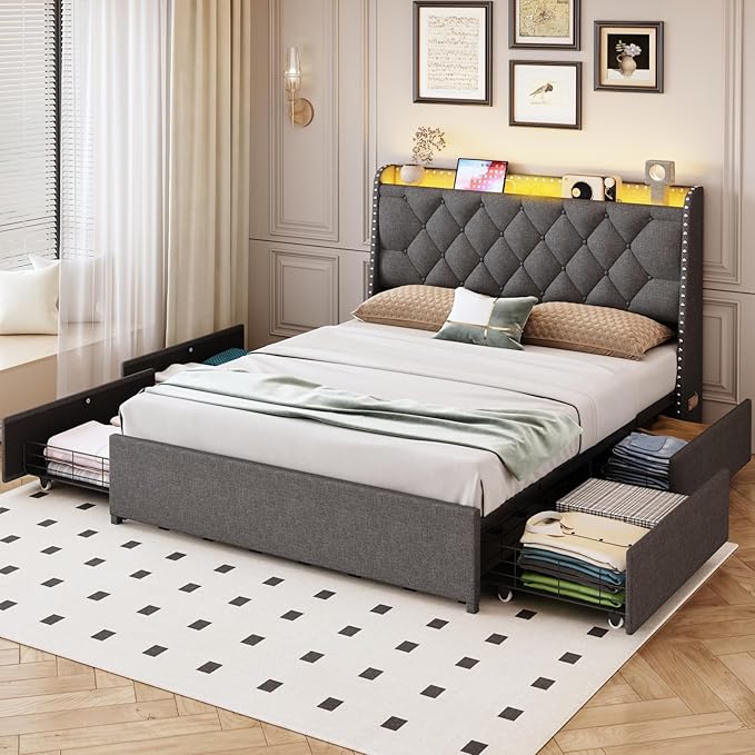 Queen Size Bed Frame with 4 Drawers and Storage Headboard, Upholstered Wingback Bed Frame with LED Lights and Charging Station, No Box Spring Needed, Easy Assembly, Noise Free, Grey