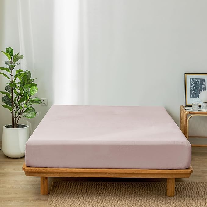 MooMee Fitted Bottom Sheet Only 100% Washed Cotton Linen Like Textured Breathable Durable Soft Comfy Deep Pocket Fits Mattress up to 17" (Greyish Pink, King)