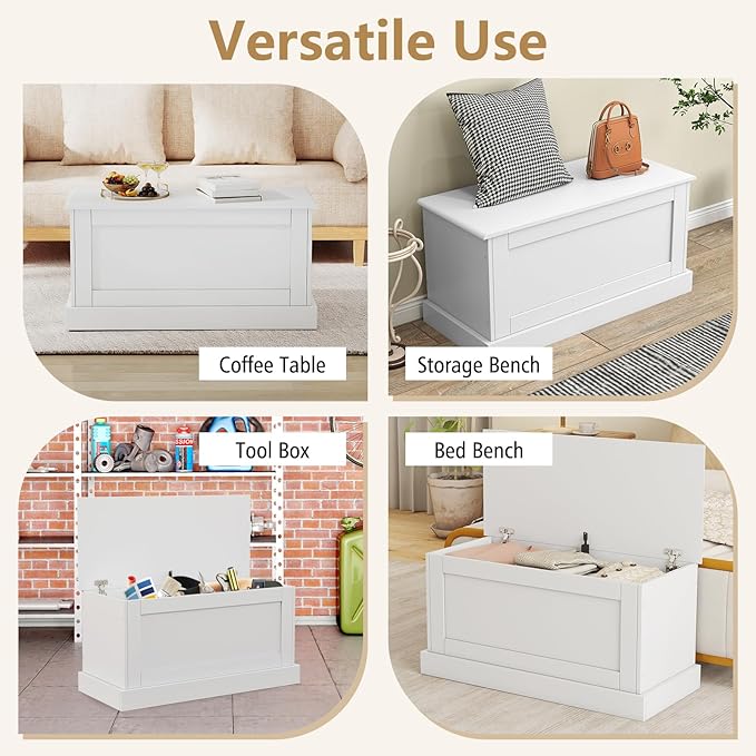 LOKO 35.5” Storage Chest, Lift Top Storage Box with Metal Hinges, Wooden Storage Bench with Safety Hydraulic Strut, Large Modern Storage Trunk for Living Room, Bedroom, Entryway (White)