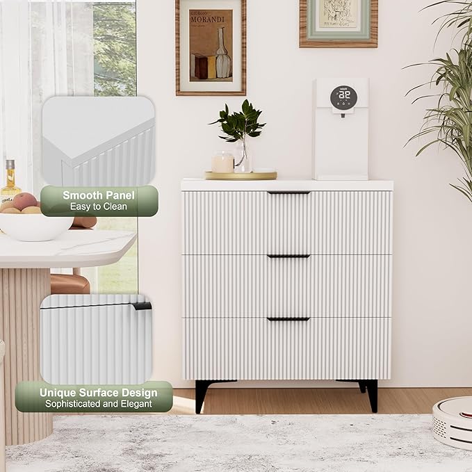 Royal Windsor Fluted Nightstand with 3 Drawers, Side End Table, Accent Storage Cabinet,Modern Night Stand Bedside Table for Bedroom,White