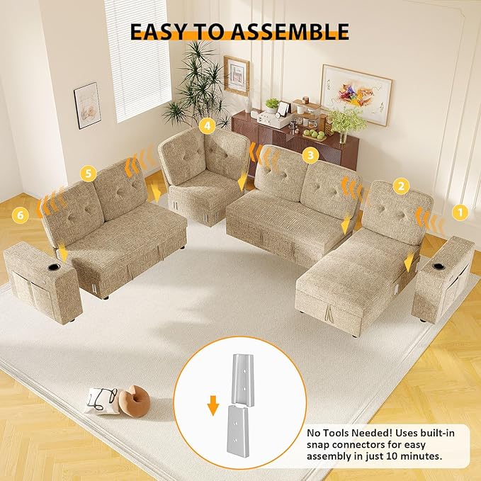 Modular Sectional Sleeper Sofa with Pull Out Bed, 108 Inch U Shaped 7 Seat Sectional Couches for Living Room, Sofa Bed with Adjustable Backrest | Hidden Storage | Wide Armrest | Khaki