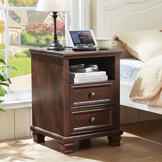 SAVOR LIFE Farmhouse Nightstand with Charging Station, Rustic Brown Nightstand, 2 Drawers End Table, Bedside Table with Open Shelf for Bedroom, Walnut
