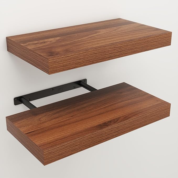 Floating Shelves for Wall, 7.9" Deep Wall Mounted Wood Shelves for Bathroom, Bedroom, Living Room, Kitchen, Hanging Shelf for Books/Storage/Room Decor (Walnut, 16")