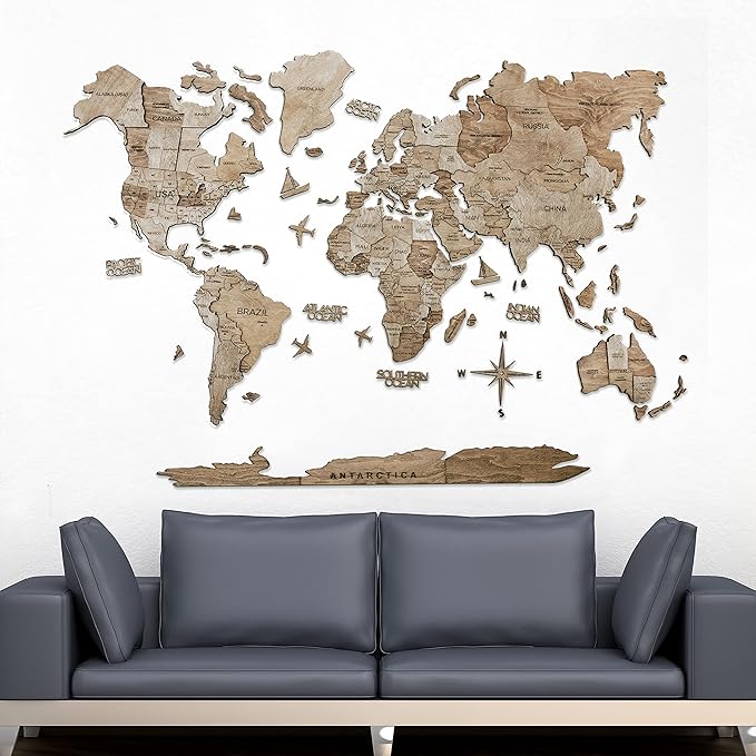 Handmade 3D Wood World Map Wall Art Large Wall Decor Track Your World Travels - Special for Home, Kitchen and Office (Medium, Terra)