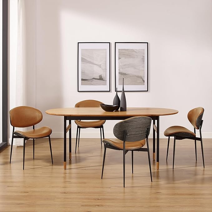 Art Leon Dining Chairs Set of 4, Grey Oak Bentwood, Mid Century Modern Chair, Orange Faux Leather Kitchen Dining Room Chairs with Black Metal Legs, Accent Chairs for Bedroom