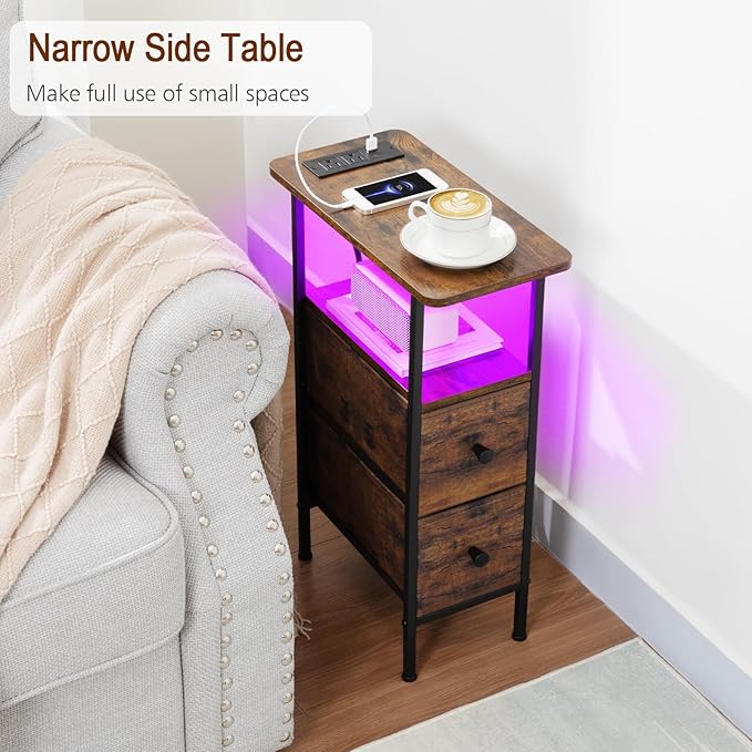 LOAKEKEL Narrow End Table Living Room with Charging Station, Skinny Side Table with Fabric Drawers, Slim LED Nightstand for Bedroom, Small Spaces, Couch, Rustic Brown, HETNDP02LPBR-1