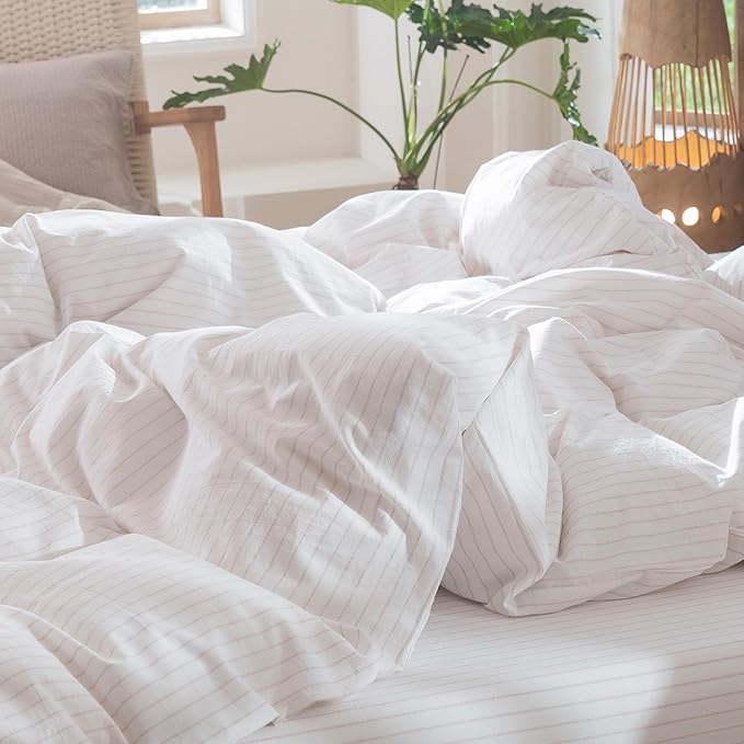 MooMee Striped Duvet Cover Set 100% Washed Cotton Linen Like Textured Breathable Durable Soft Comfy (White Heathered Greyish Pink Wide Stripes, Full 80"x90")