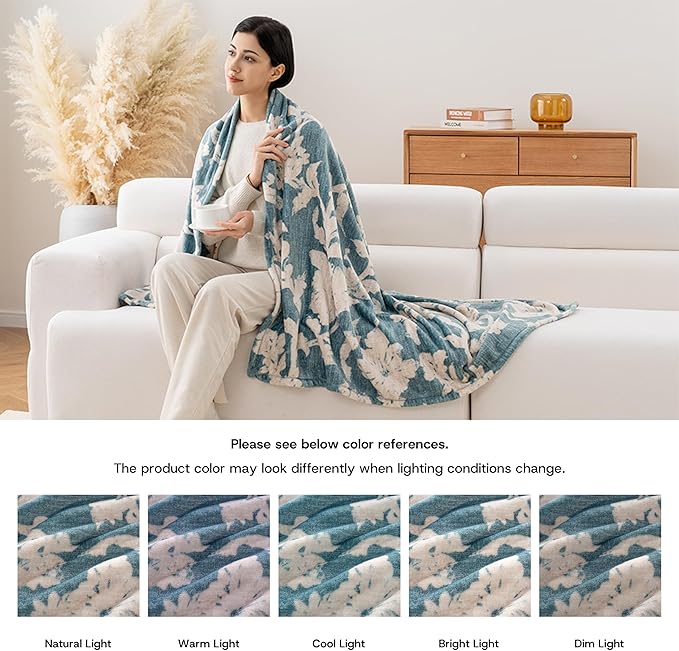 Luxury Printed Fleece Warm Throw Blanket, Soft Lightweight Velvety Plush Throw for Couch and Bed, Cozy Comfy for All Seasons(Blue Floral Silhouette, 50×70 Inches)