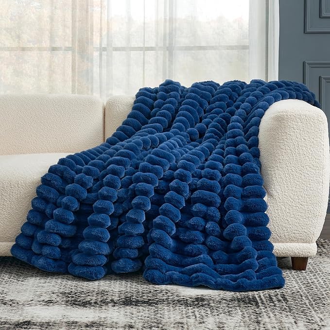 Cozy Bliss Faux Fur Throw Blanket for Couch, Cozy Warm Plush Striped Blanket for Sofa Bedroom Living Room, 90 * 90 Inches Navy Blue