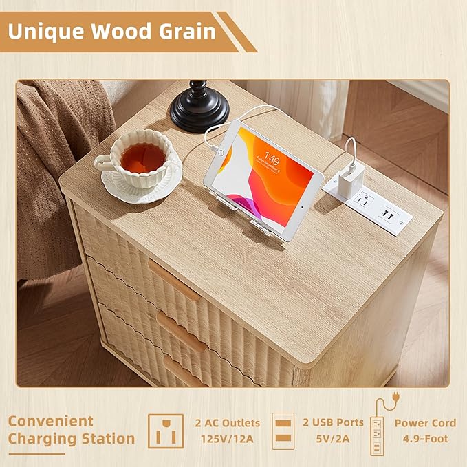 LEYAOYAO Fluted Nightstand Set of 2 with Charging Station,23" Modern Nightstand with Woodgrain Top, 3 Drawer End Table w/Storage, BedsideTables for Bedroom, Living Room, Curved Profile,Wood