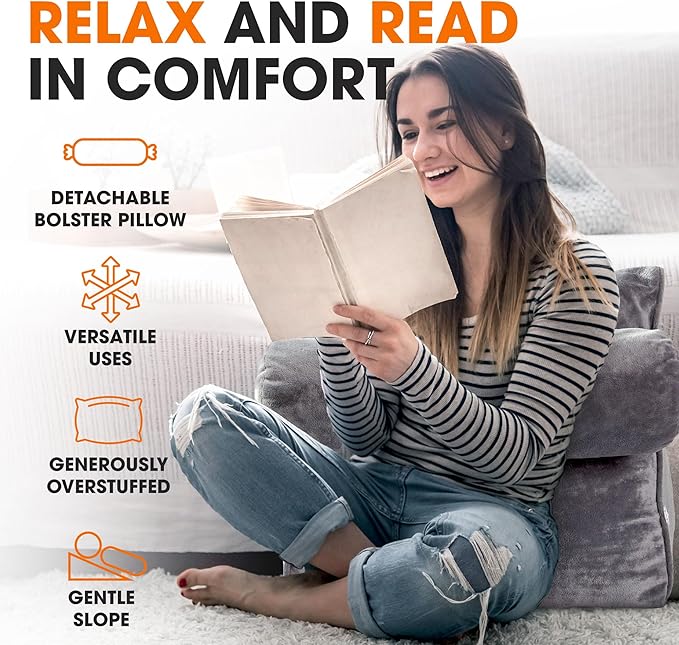 Cheer Collection Reading Wedge Pillow - Adjustable Wedge Reading Pillow with Neck Support, Hollow Fiber-Filled Backrest Pillow for Reading, Gaming, and TV Watching, Gray