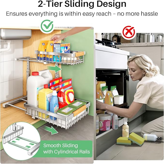Under Sink Organizer, Stainless Steel 2 Packs 2 Tier Under Sink Organizers and Storage, Slide out Pull out Cabinet Shelf, Sliding Drawer for Kitchen Bathroom Pantry Cabinet Closet Organization Rack