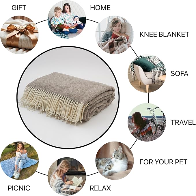 | Wool Blanket/Throw | 100% New Zealand Wool | Perfect for Home and Outdoors | Virgin Wool Throw with Fringes 75"x87" (190 x 220 cm)