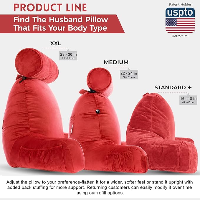 Husband Pillow XXL – Reading Pillow Bed Chair with Arms & Back Support – Red - Back Pillow for Beds Sitting Up – Bed Rest Arm Pillow – Comfy Reading Pillow for Adults