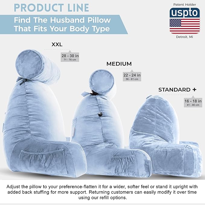 Husband Pillow XXL – Reading Pillow Bed Chair with Arms & Back Support – Sky Blue - Back Pillow for Beds Sitting Up – Bed Rest Arm Pillow – Comfy Reading Pillow for Adults