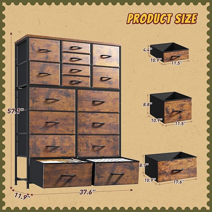 57“H Dresser for Bedroom with Multiple Drawers, Fabric Dressers & Chests of Drawers for Bedroom,Large Dresser, Sturdy Metal Frame & Wood Top,Entryway, Hallway(Rustic Brown)