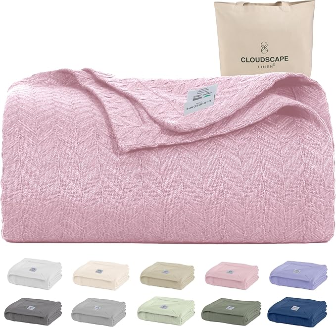 Cloud Scape Linen 100% Cotton Blanket King 92x108 Seashell Pink- Cozy Herringbone Weave, Fits Up to Cal King Beds, Breathable Softness, All-Season Warmth, Heavy Layering Winter Blanket