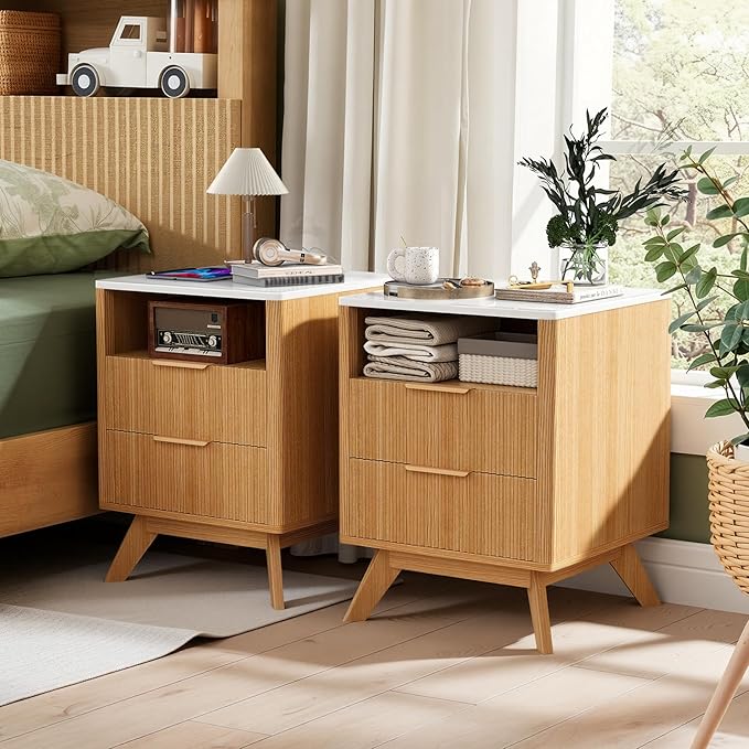 Modern Nightstand Set of 2, Bedside Tables with Charging Station & Drawer, Mid-Century End Tables for Bedroom, Sturdy Storage Side Tables,Natural Oak
