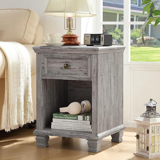SAVOR LIFE Farmhouse End Tables Living Room with Drawer, Rustic Wood Nightstand with Charging Station, Bedside Table with Open Shelf for Bed Room, Living Room, Grey