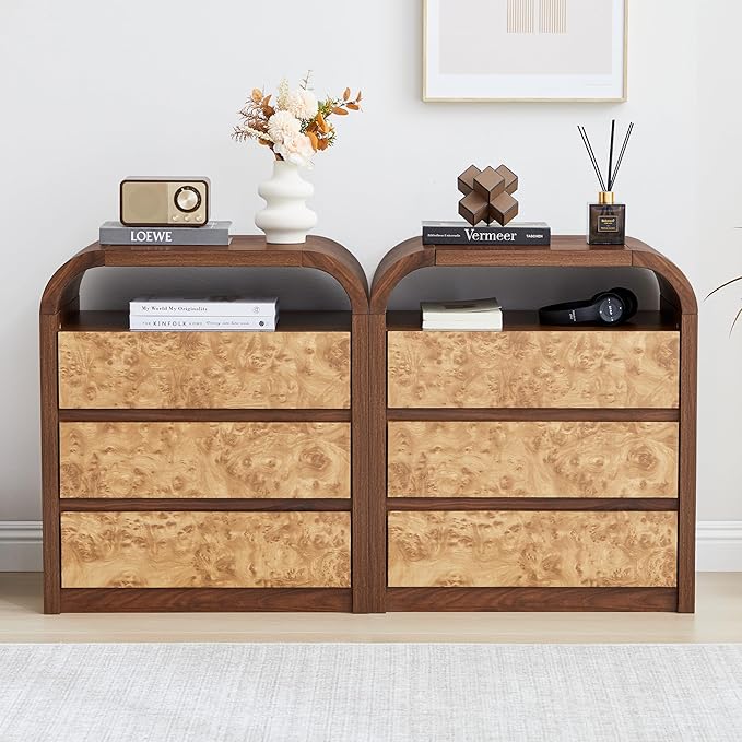 3 Drawer Dresser for Bedroom, Modern Chest of Drawers with Open Shelf, Burl Wood Tall Nightstand End Table for Living Room, Hallway (Walnut)