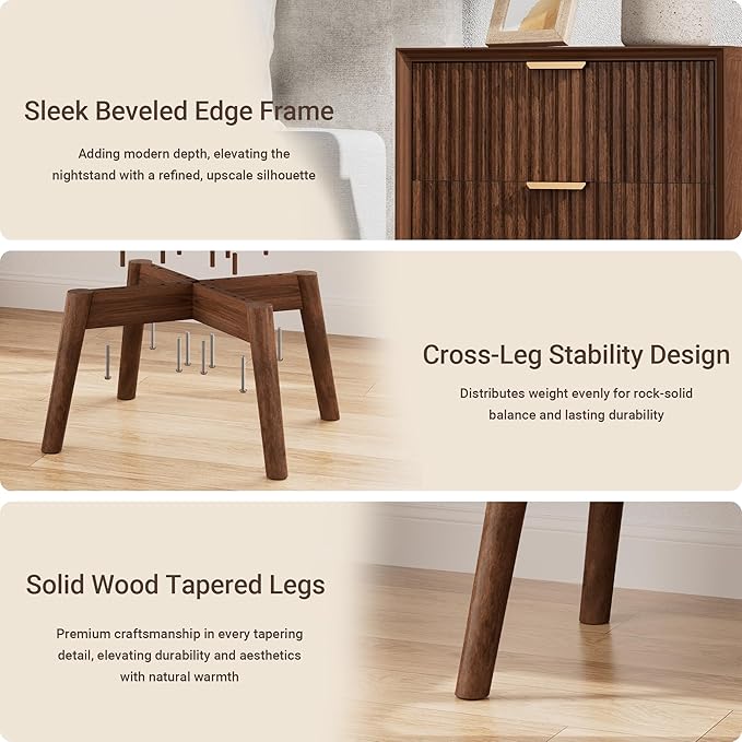 Fluted Nightstand, Night Stand Set 2, Nightstands Set of 2 with Beveled Edges & Solid Wood Legs, 2 Drawer Wooden End Table with Charging Station, Modern Bedside Table for Bedroom, Walnut