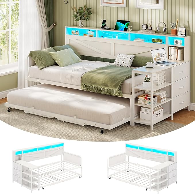 VIAGDO Daybed Twin with Pop Up Trundle, Farmhouse Wooden Day Bed Frame with 3 Storage Drawers and Shelves, Twin to King Daybed with Charging Station and LED Lights for Bedroom, Guest Room, White