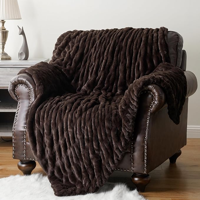 BATTILO HOME Dark Brown Faux Fur Throw Blanket for Bed, Double Side Reversible Ruched Faux Rabbit Fur Throw for Couch, Bed, Super Soft Blanket Cozy Warm Mink Blanket, 60"x80"