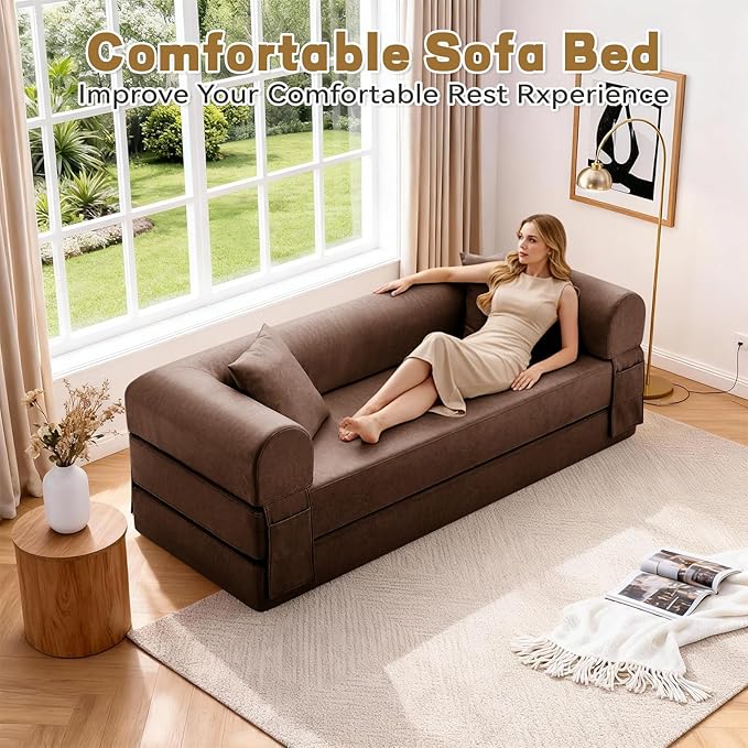 Convertible Sleeper Sofa Bed,78.5 Inch Faux Leather Futon Couch with Pillows & Storage Pocket,5-in-1 Folding Sofa Bed Queen with Pull Out Beds,Boneless Couches for Living Room,Couch in a Box,Brown