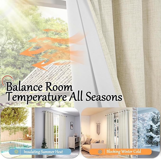 Blackout Curtains for Bedroom - Linen Black Out Curtains 84 Inch Long Thermal Insulated Burlap Grommet Window Drapes for Farmhouse Living Room Darkening, 2 Panels, Each 52" Wide, Natural Cream