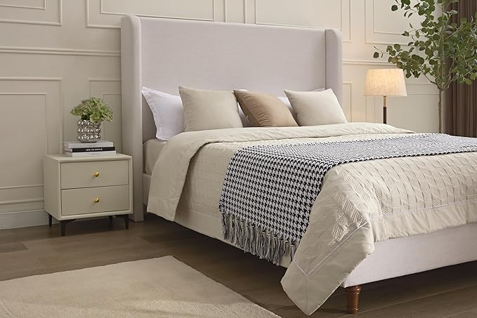 Queen Size Upholstered Platform Bed with 54" Tall Wingback Headboard/Elegant Upholstered Bed Frame Without Wooden Slats/Box Spring Required/Easy Assembly/Textured Ivory Canvas