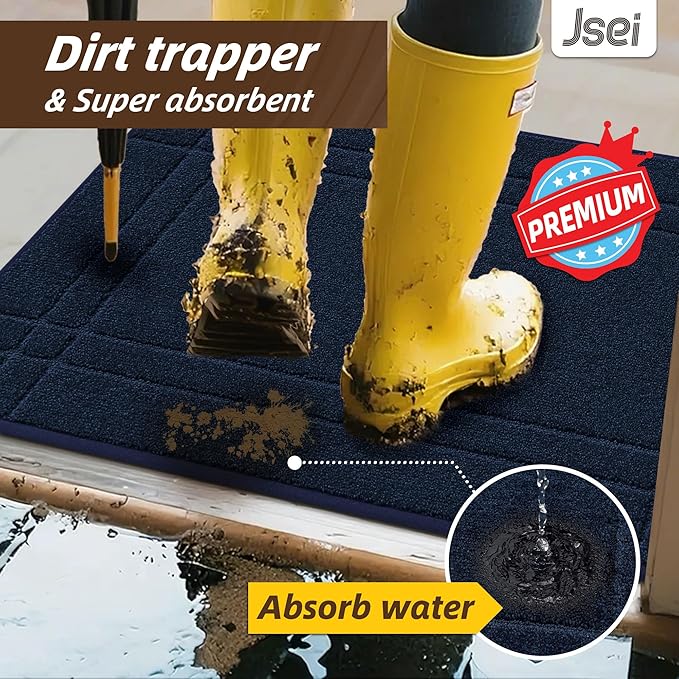 JSEI Entryway Rugs Doormat 32"x48", Non-Slip Dirt Trapper Door Mats Indoor, Washable Absorbent and Stain Resist Welcome Floor Mat for Front Door, Dog Door Mat, Muddy Wet Shoes & Paws, Navy Blue