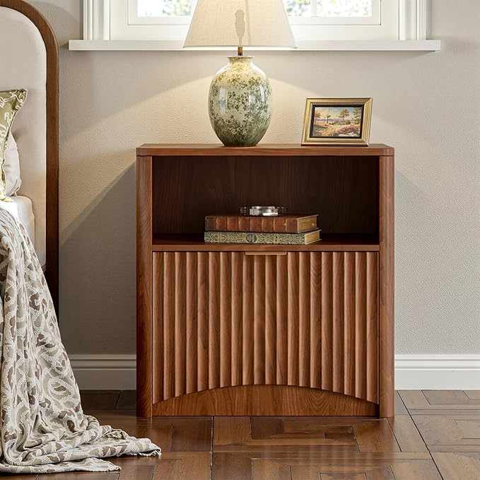 Evermagin Fluted Nightstand Set of 2, Walnut Bedside Table with Drawer and Storage, Wood End Table Mid Century Modern, Large Night Stand for Bedroom